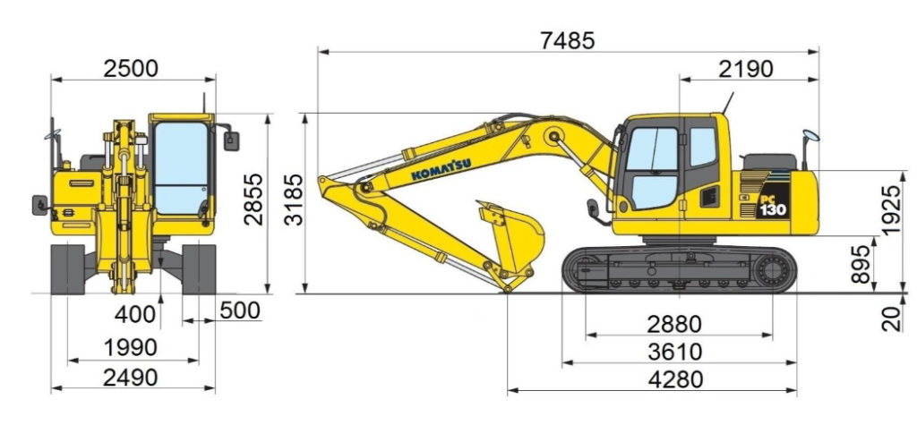 wymiary koparki Komatsu PC130 wysokość transportowa