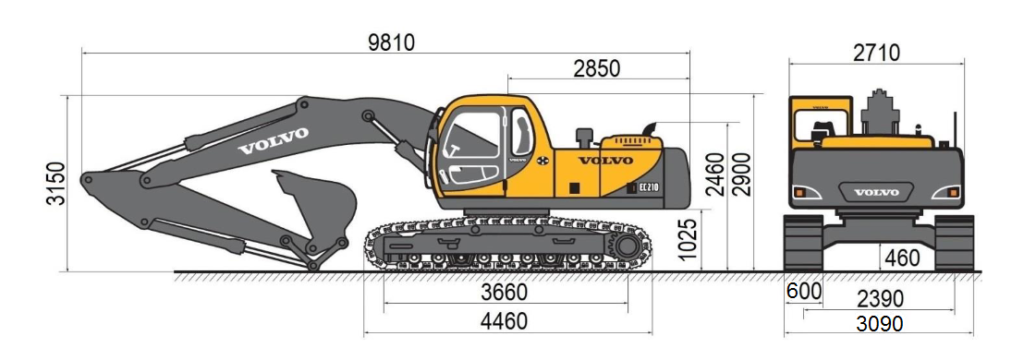 wymiary koparki Volvo 210 wysokość transportowa