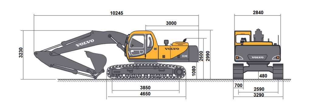 wymiary koparki Volvo EC240 wysokość transportowa