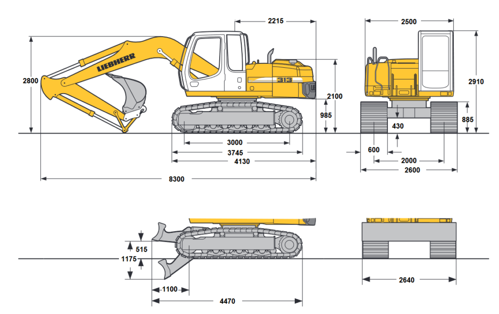 wymiary koparki Liebherr R313 wysokość transportowa